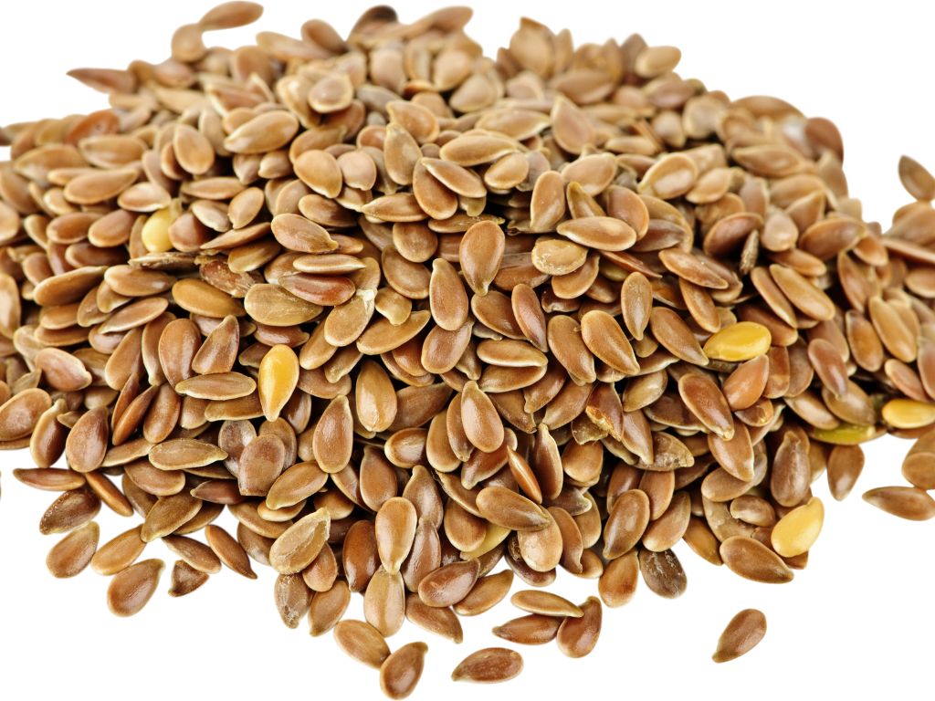 Eine Handvoll kleiner Leinsamen - braune, spitz zulaufende Samen.