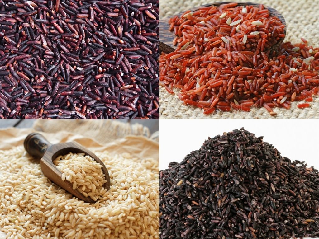 Vier verschiedene Reissorten: rote Körner, violette Körner, bräunliche Körner und schwarze Körner.