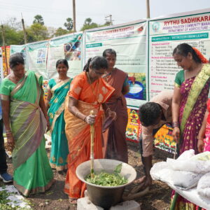 Mehrere Frauen im Sari rühren in einer großen Metallschüssel kochende grüne Blätter