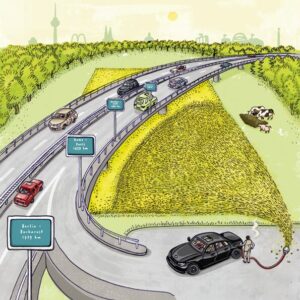 A highway is shown. A car stands next to it and fills up a field.