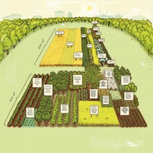 Shown are 2000 m² with the crops that grow in Europe and an additional 1000 m² field of European imports.