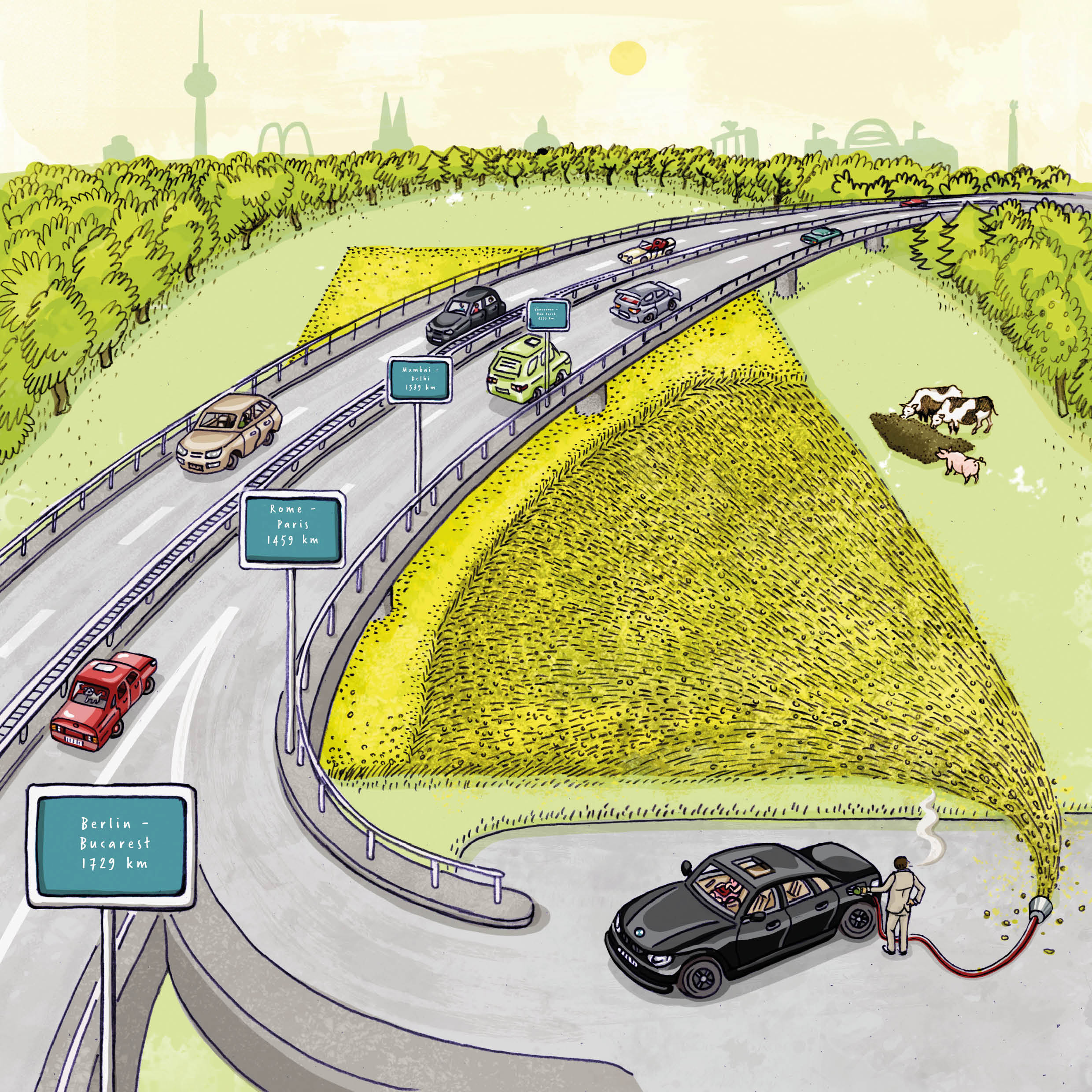 Une autoroute est représentée. Une voiture se trouve à côté et fait le plein d'essence dans un champ.