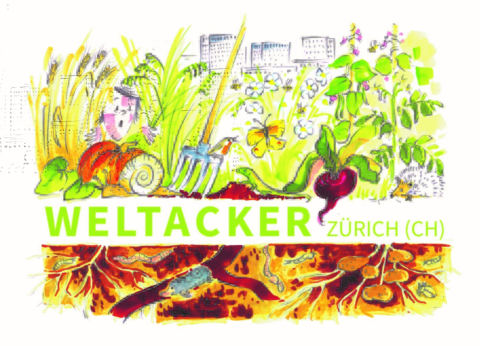 Illustration mit Pflanzen (Kürbis und andere), Stechgabel, Regenwurm, Mensch