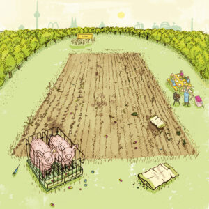 Vediamo un campo globale completamente vuoto. Accanto ci sono due maiali in piccole gabbie, circondati da compresse e siringhe.