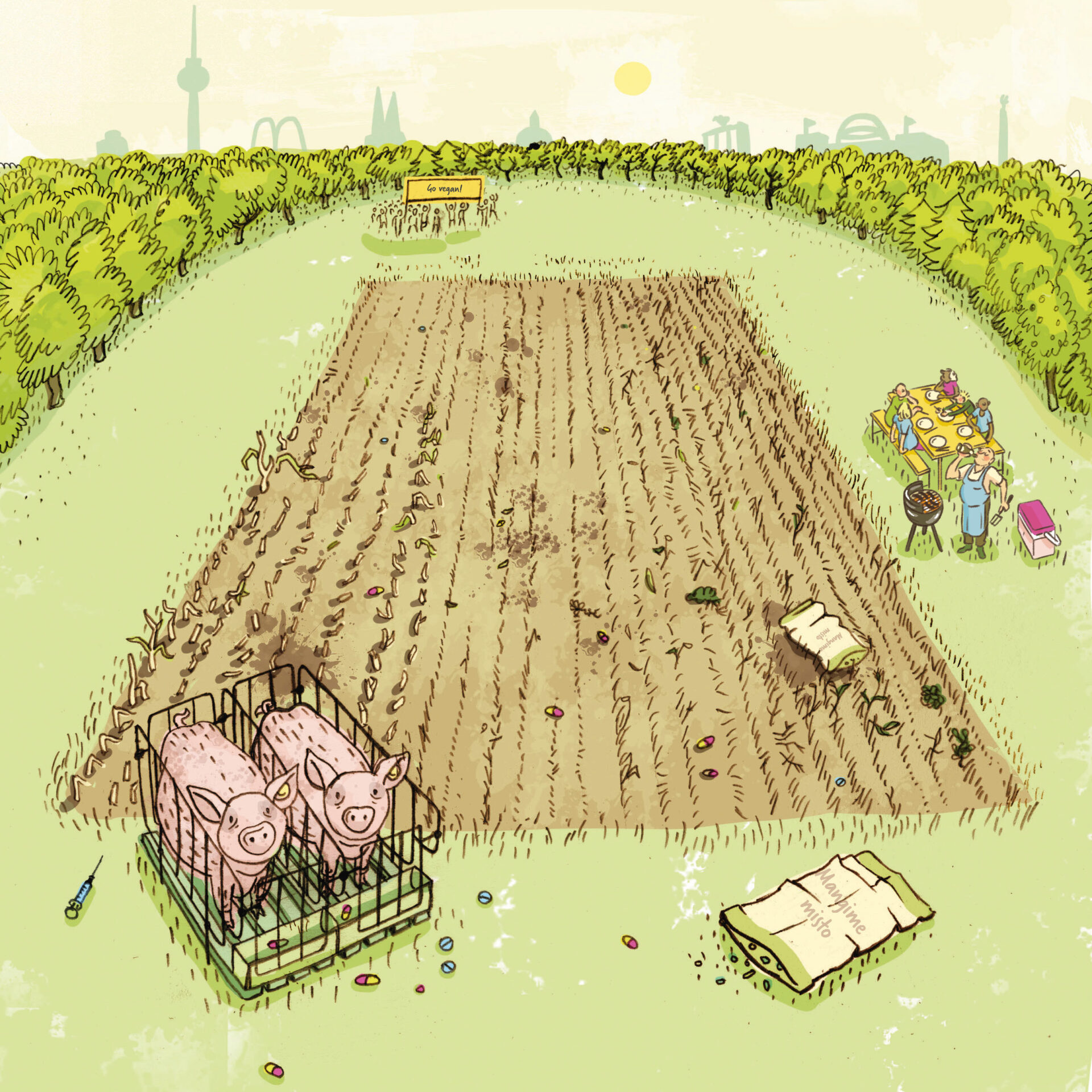 Vediamo un campo globale completamente vuoto. Accanto ci sono due maiali in piccole gabbie, circondati da compresse e siringhe.