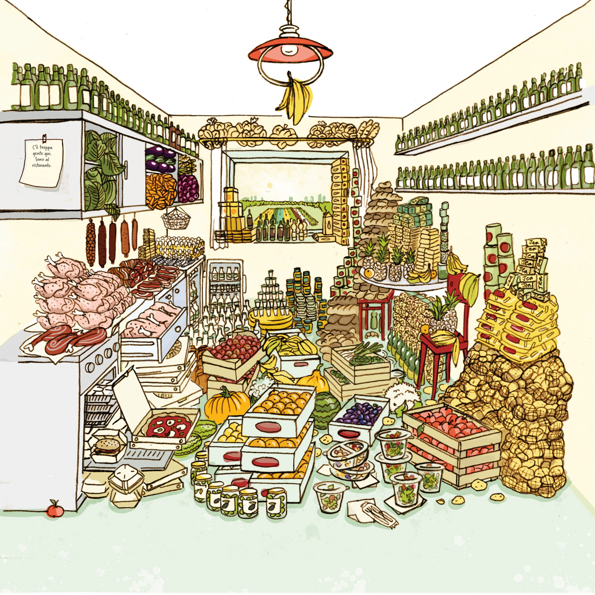 Una cucina è stracolma di cibo: numerose bottiglie, cassette di frutta e verdura, sacchi di patate, carne, salsicce e piatti preparati come pizza o hamburger.