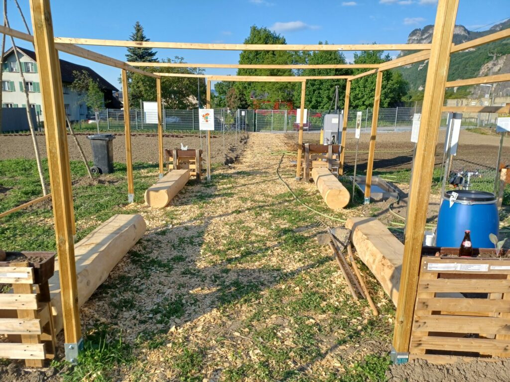 In der Mitte des Weltackers wird ein Pavillon aus Holz erbaut. Darunter sind große Holzbänke aud Baumstämmen.