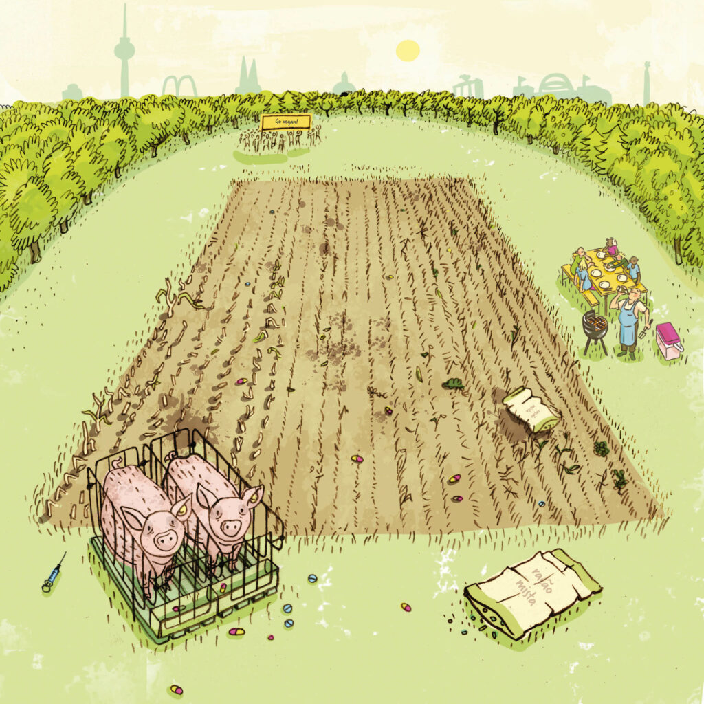 Desenha um Campo Global completamente vazio. Ao lado estão dois porcos em pequenas jaulas, rodeados de comprimidos e seringas.