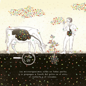 A ilustração mostra que os microrganismos estão em todo o lado. No solo, nas raízes, no estômago de uma vaca, no ar e também no estômago dos seres humanos. E em toda a parte, na pele e na superfície.