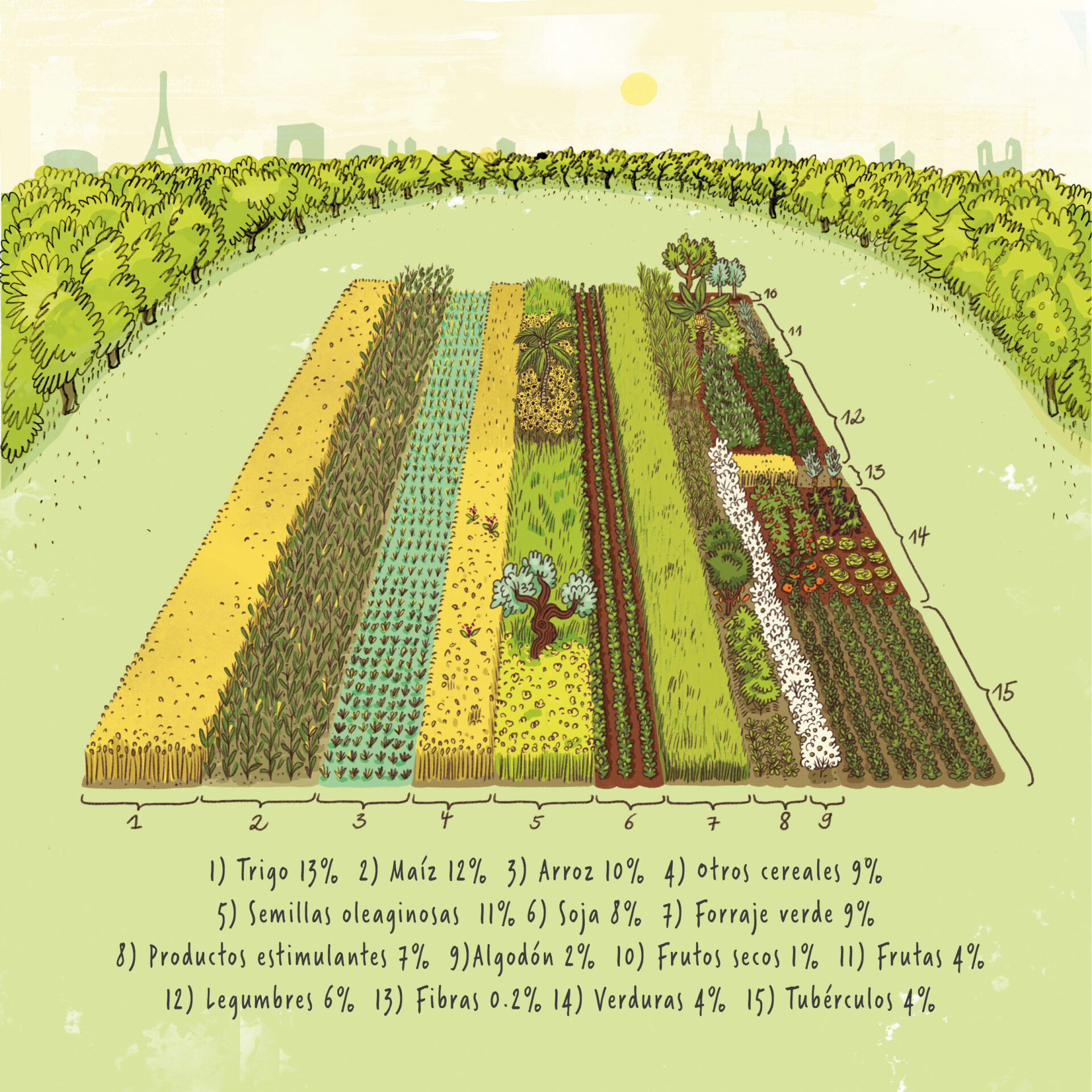 Se muestran las siguientes proporciones de superficie: trigo 13%, maíz 12%, arroz 10%, otros cereales 9%, oleaginosas 11%, soja 8%, forrajes verdes 7%, algodón 2%, frutos secos 1%, frutas 4%, legumbres 6%, fibras 0,2%, hortalizas 4% y cultivos del suelo 4%.