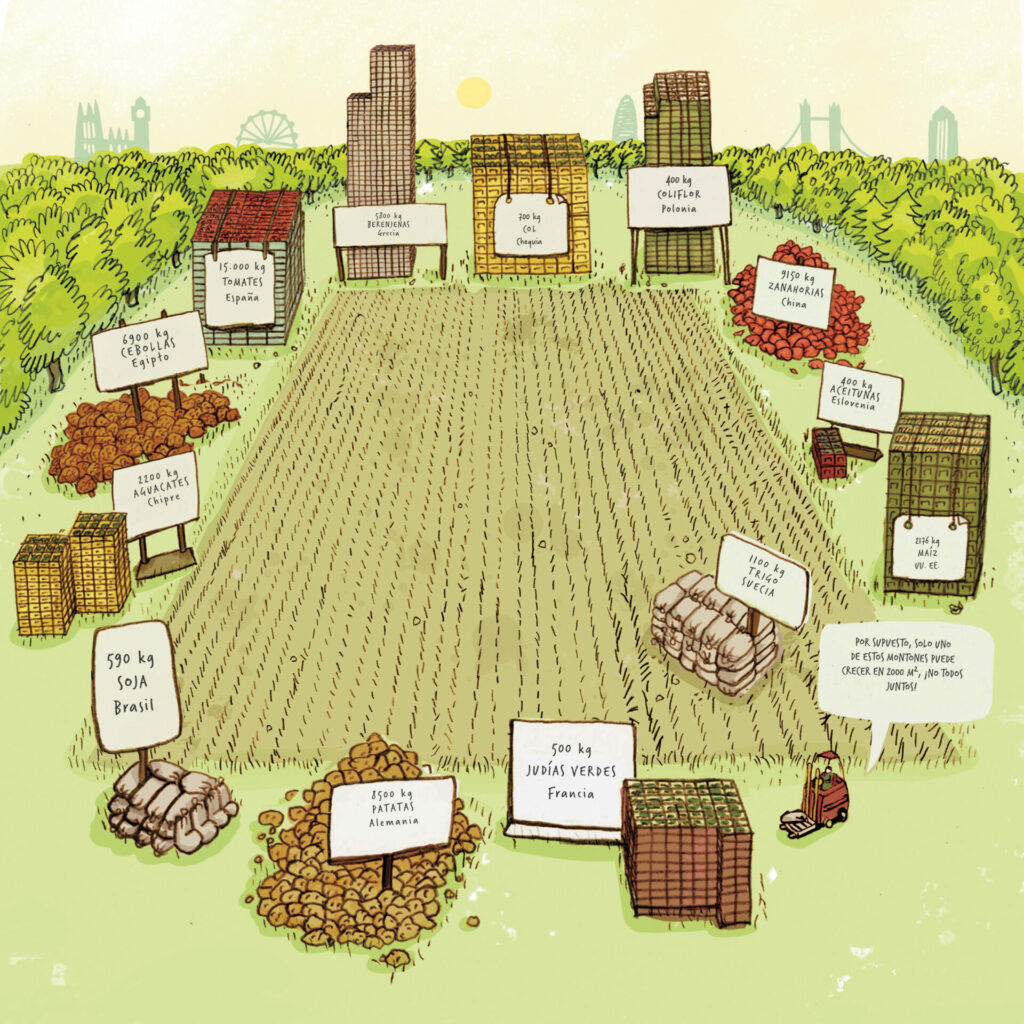 Se muestran diferentes rendimientos que pueden cosecharse en 2000 m². Por ejemplo, 2500 kg de judías (vainitas) verdes en Francia, 8500 kg de patatas en Alemania, 2200 kg de aguacates en Chipre u 8500 kg de zanahorias en Finlandia.