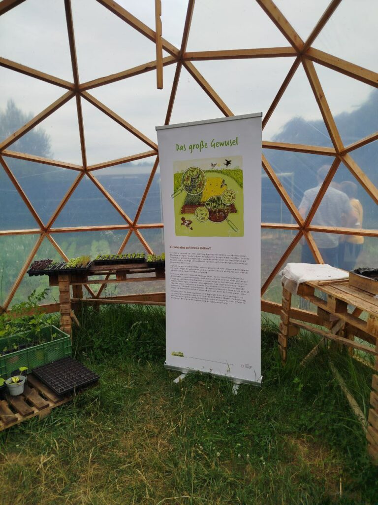 Ein Roll-Up steht in einem Geodom.